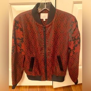 Cinq A Sept Red and Black Embroidered Damask Bomber Jacket, Size XS